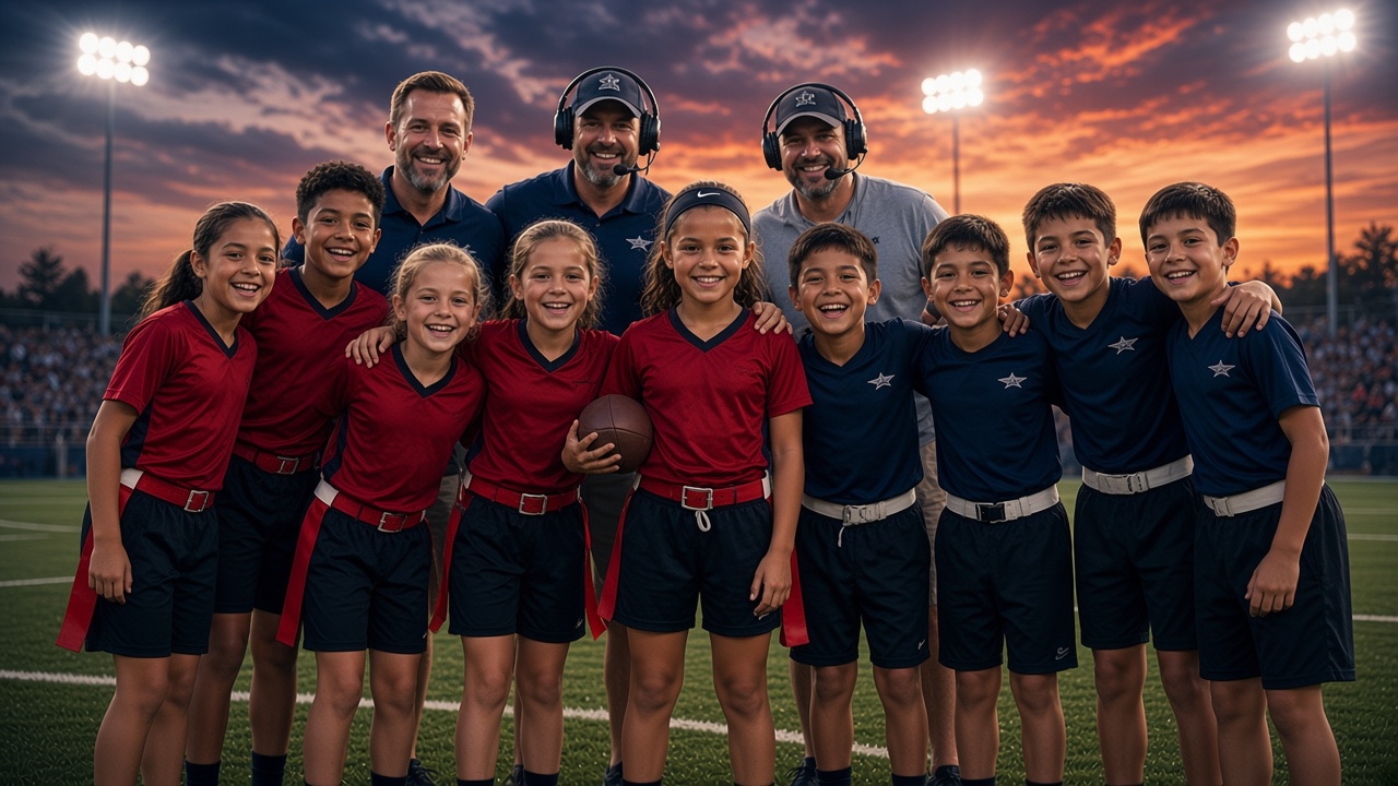 Youth flag football players competing under the stadium lights